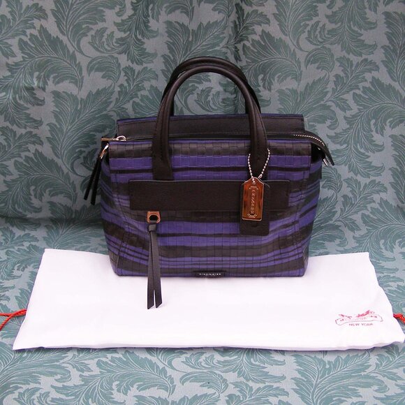 NEW Coach Bleeker Woven Leather Mini Riley Carryall in Blue Indigo/Black - Picture 4 of 11